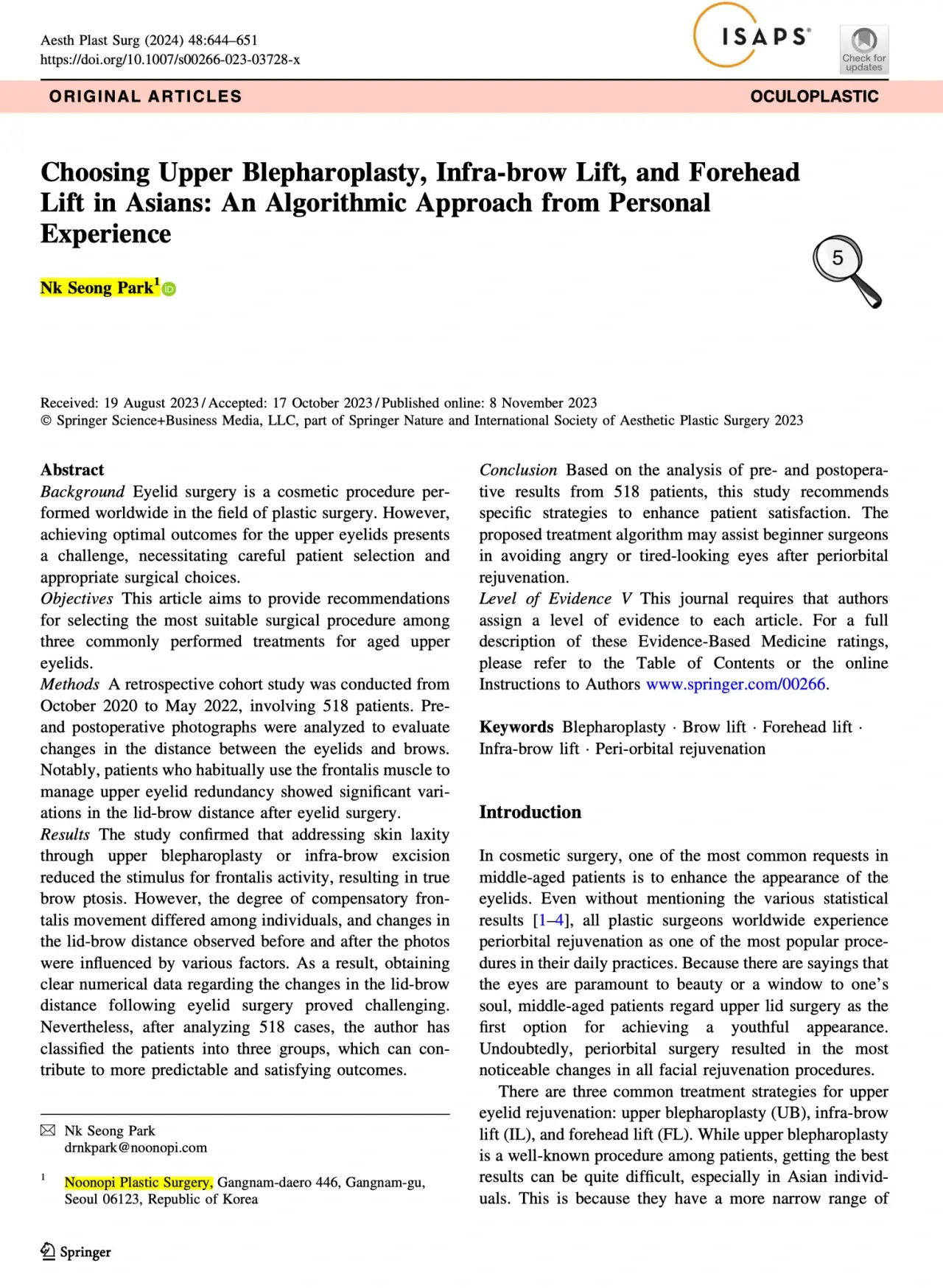 middle aged eyelid surgery algorithm paper